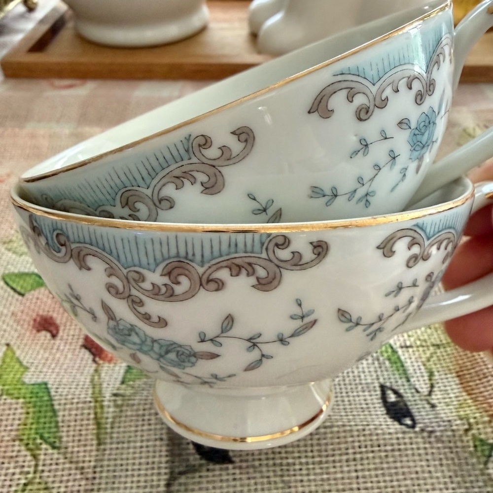 Vintage Floral Teacup & Bowl Set Blue Roses Gold Trim Cottagecore
